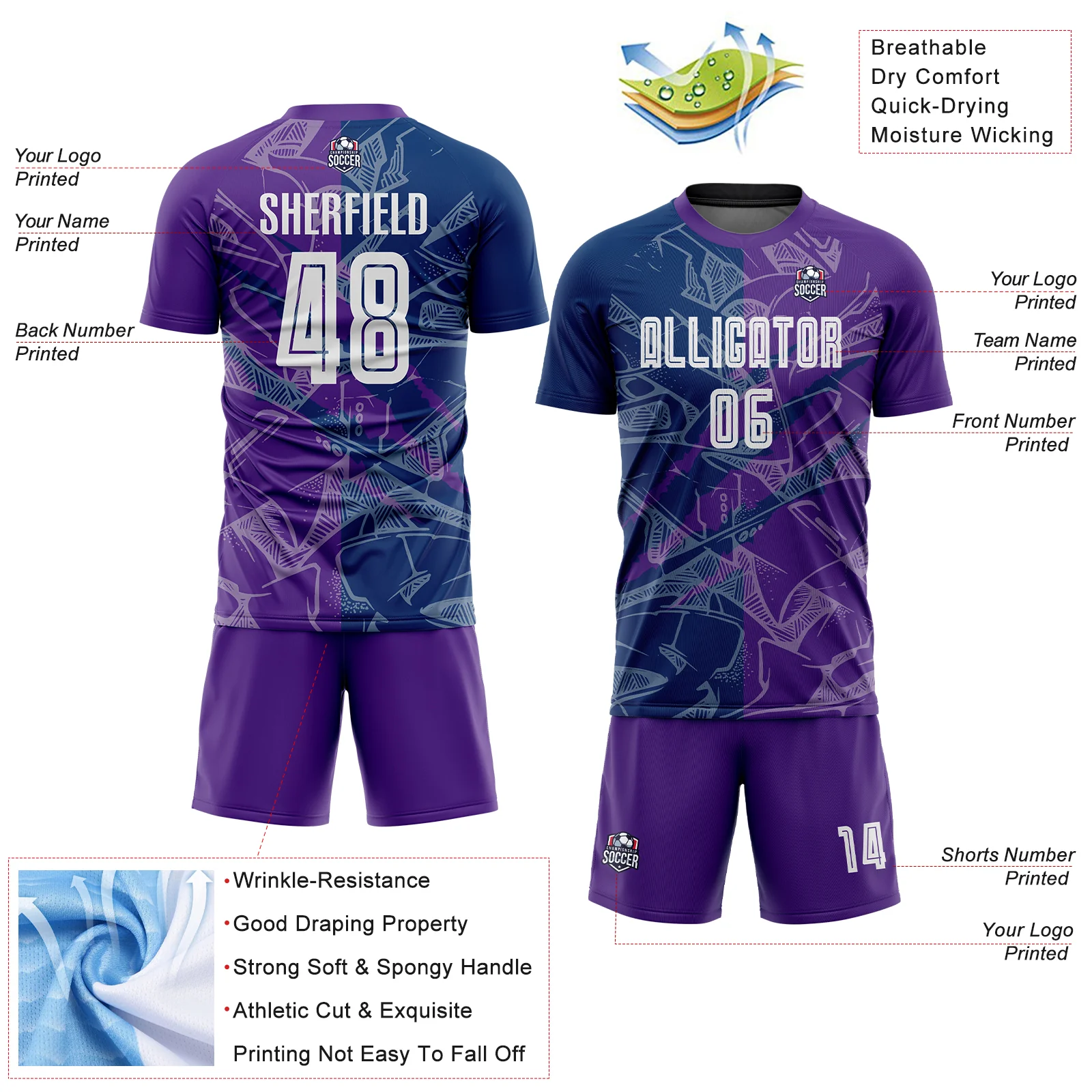 Custom Graffiti Pattern US Navy Blue-Purple Scratch Sublimation Soccer Uniform Jersey - Image 4