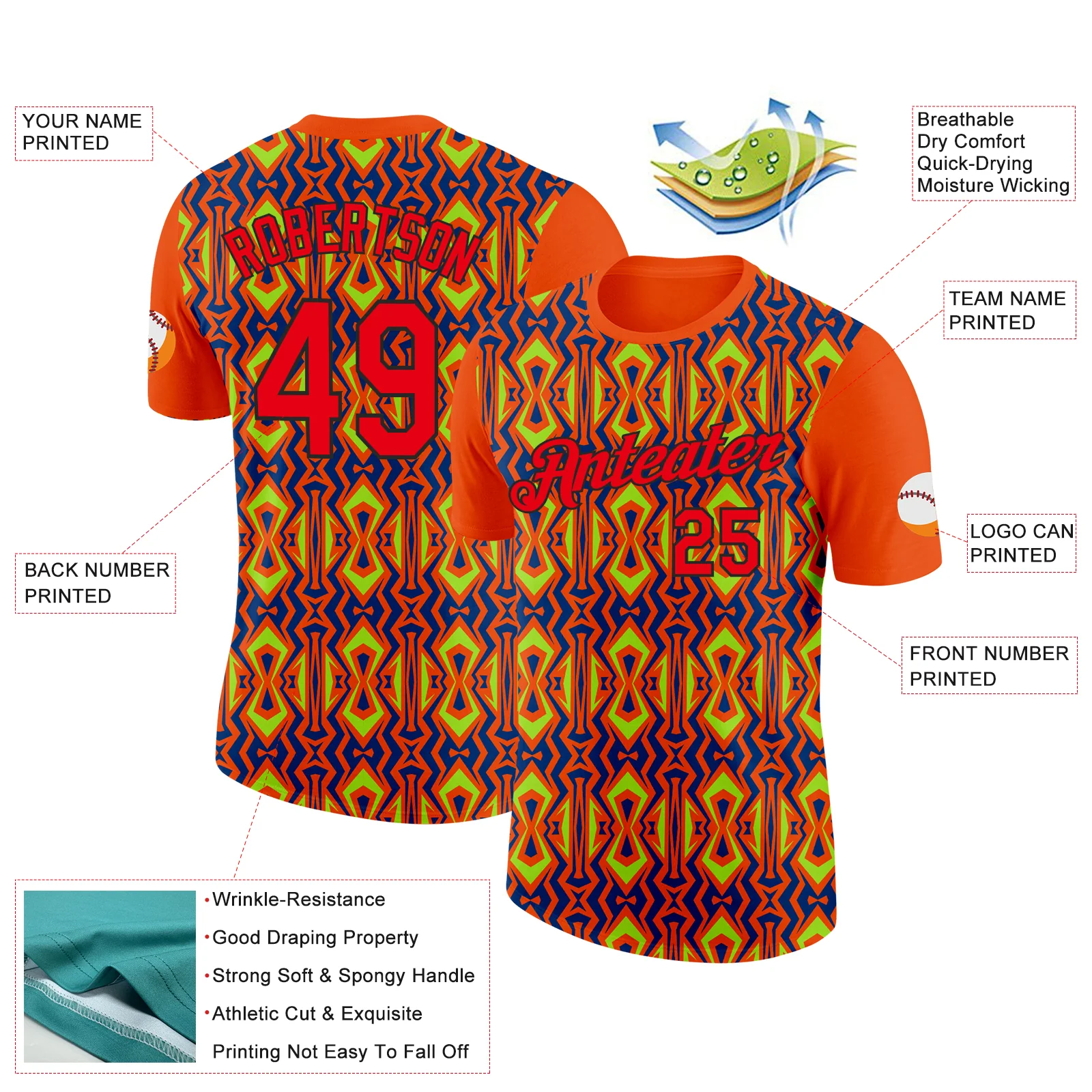 Custom Orange Fire Red US Navy Blue Aurora Green-Black 3D Esports Performance T-Shirt - Image 2