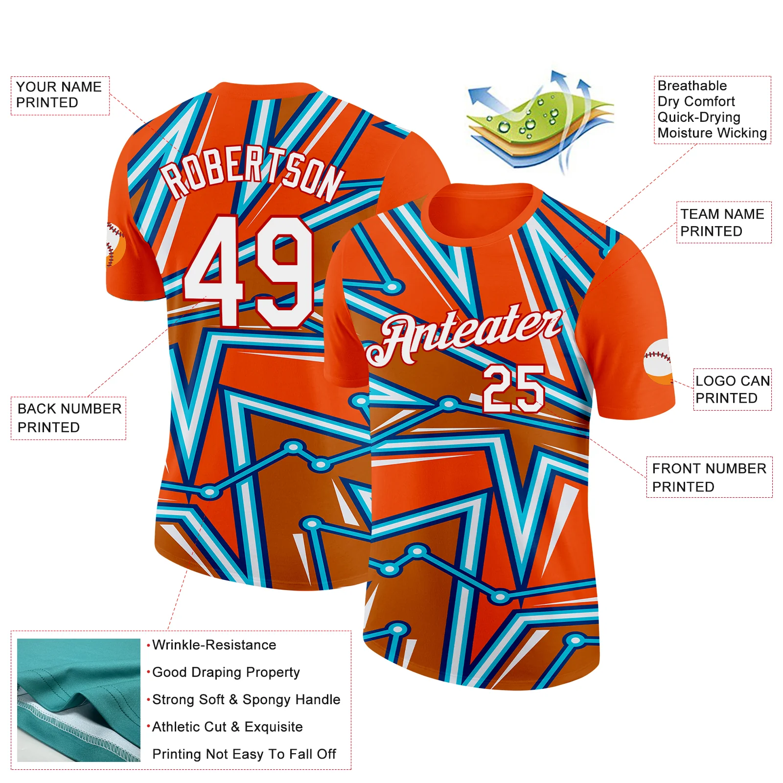 Custom Orange US Navy Blue Lakes Blue-Red 3D Esports Performance T-Shirt - Image 2