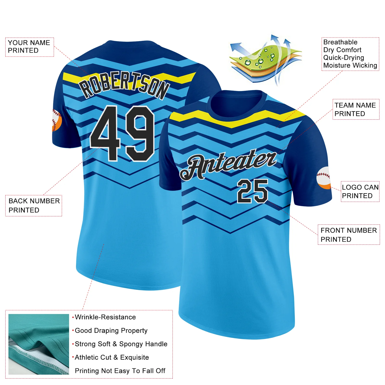 Custom Sky Blue Black US Navy Blue-Light Yellow 3D Esports Performance T-Shirt - Image 2