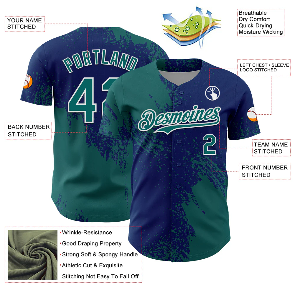 Custom Teal US Navy Blue-White 3D Pattern Design Abstract Brush Stroke Authentic Baseball Jersey - Image 3