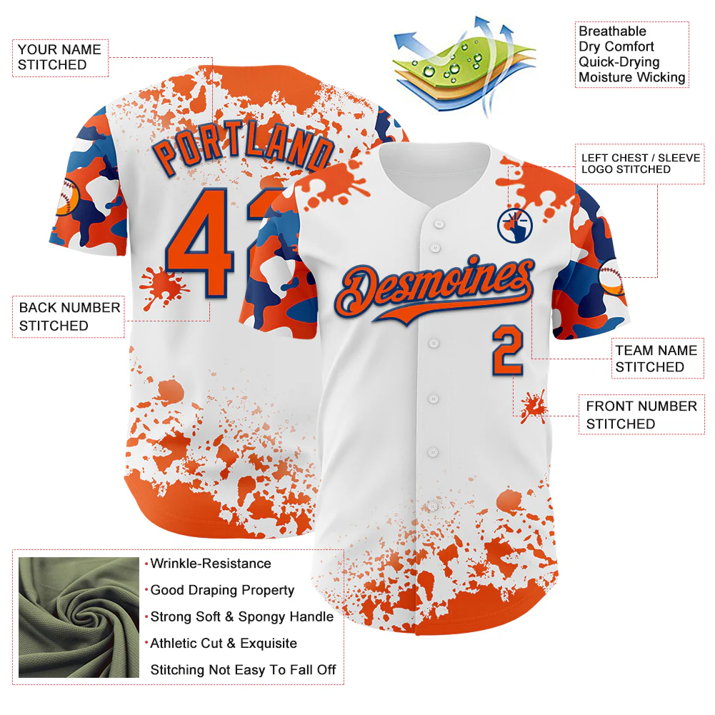 Custom White Orange-US Navy Blue Splatter Camo Two Tone Authentic Baseball Jersey - Image 3