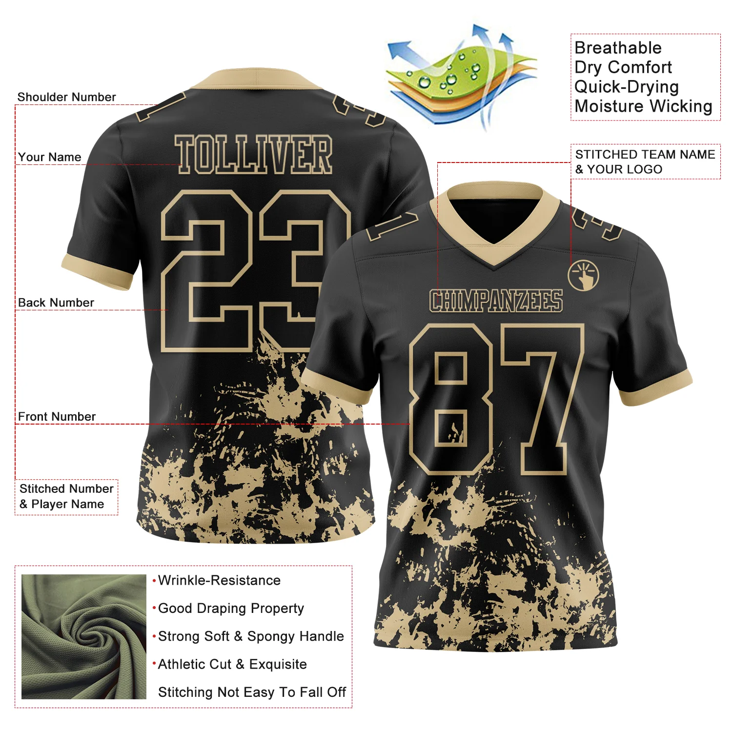 Custom Black Vegas Gold 3D Pattern Splash Authentic Football Jersey - Image 2