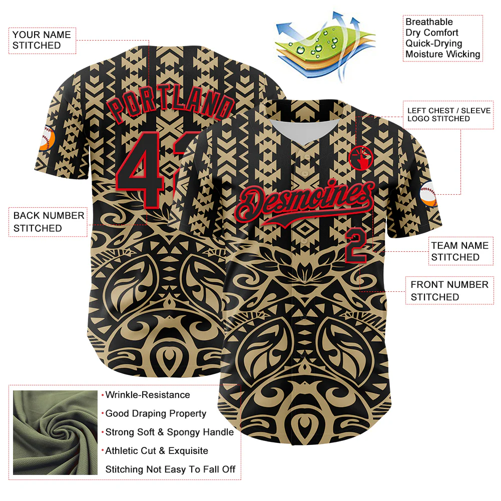 Custom Black Vegas Gold-Fire Red 3D Polynesian Style Islander Authentic Baseball Jersey - Image 3