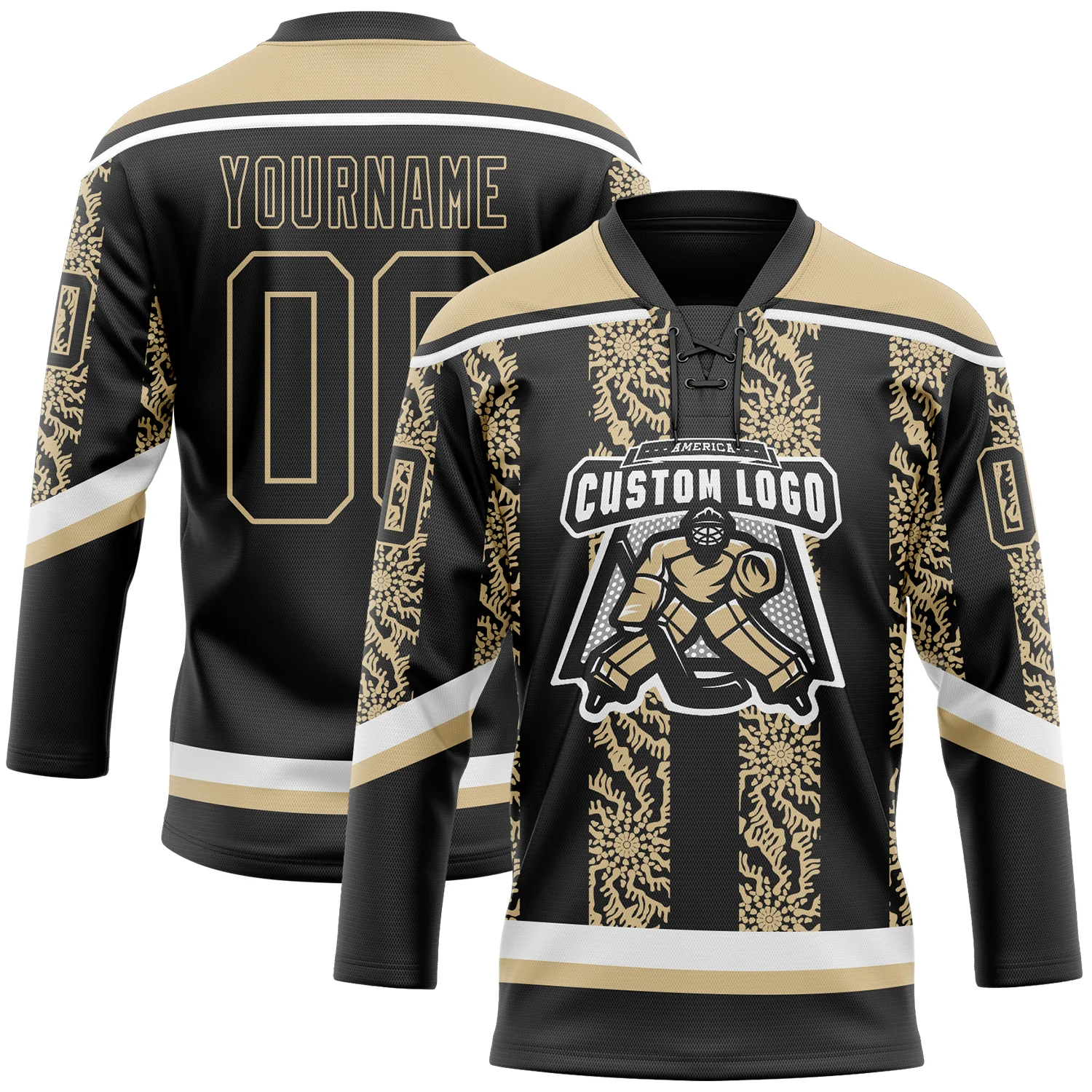 Custom Black Vegas Gold-White 3D Pattern Abstract Shape Hockey Lace Neck Jersey - Image 2