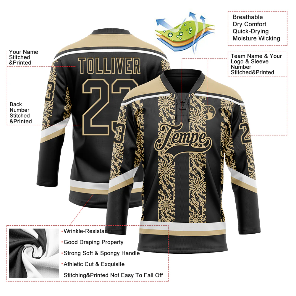 Custom Black Vegas Gold-White 3D Pattern Abstract Shape Hockey Lace Neck Jersey - Image 3