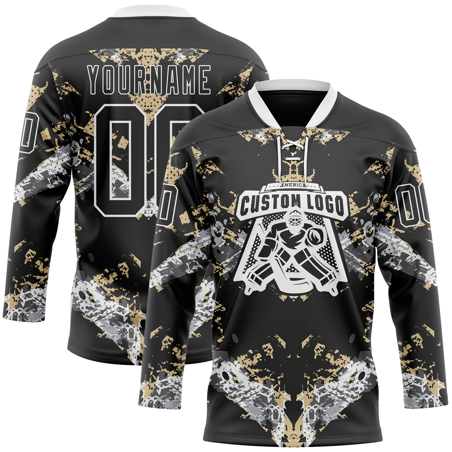 Custom Black Vegas Gold-White 3D Pattern Abstract Grunge Hockey Lace Neck Jersey - Image 2