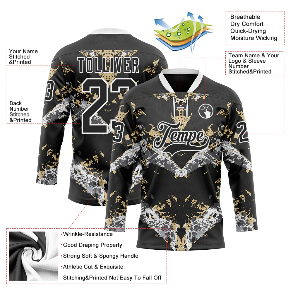Custom Black Vegas Gold-White 3D Pattern Abstract Grunge Hockey Lace Neck Jersey - Image 3