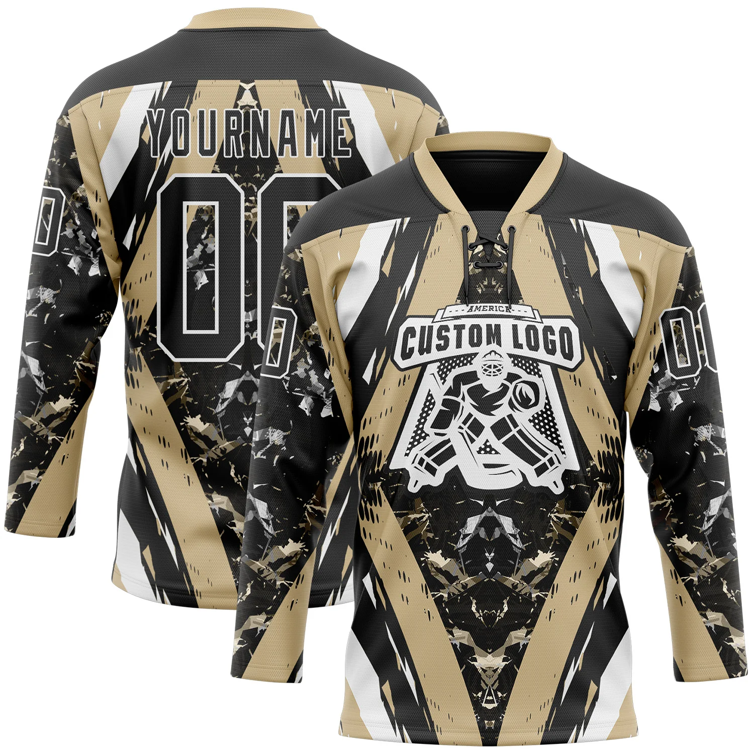 Custom Black Vegas Gold-White 3D Pattern Abstract Grunge Hockey Lace Neck Jersey - Image 2