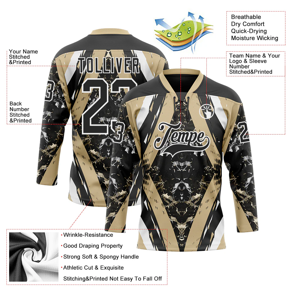Custom Black Vegas Gold-White 3D Pattern Abstract Grunge Hockey Lace Neck Jersey - Image 3