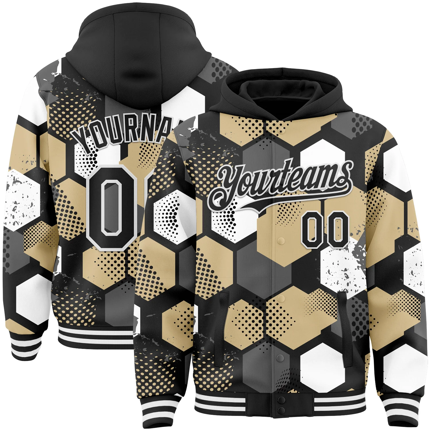 Custom Black Vegas Gold-White Geometric Shape Bomber Full-Snap Varsity Letterman Hoodie Jacket