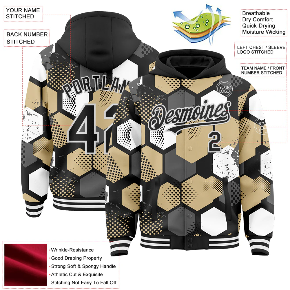 Custom Black Vegas Gold-White Geometric Shape Bomber Full-Snap Varsity Letterman Hoodie Jacket - Image 4