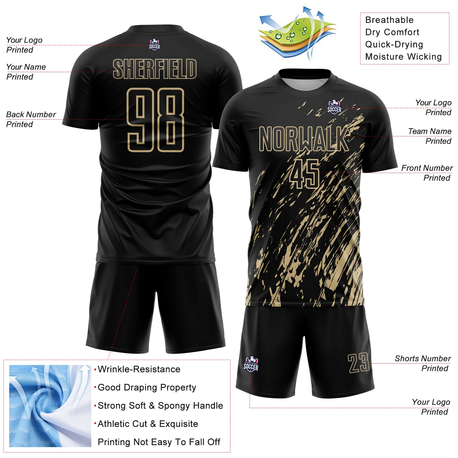 Custom Black Vegas Gold Splash Sublimation Soccer Uniform Jersey - Image 4