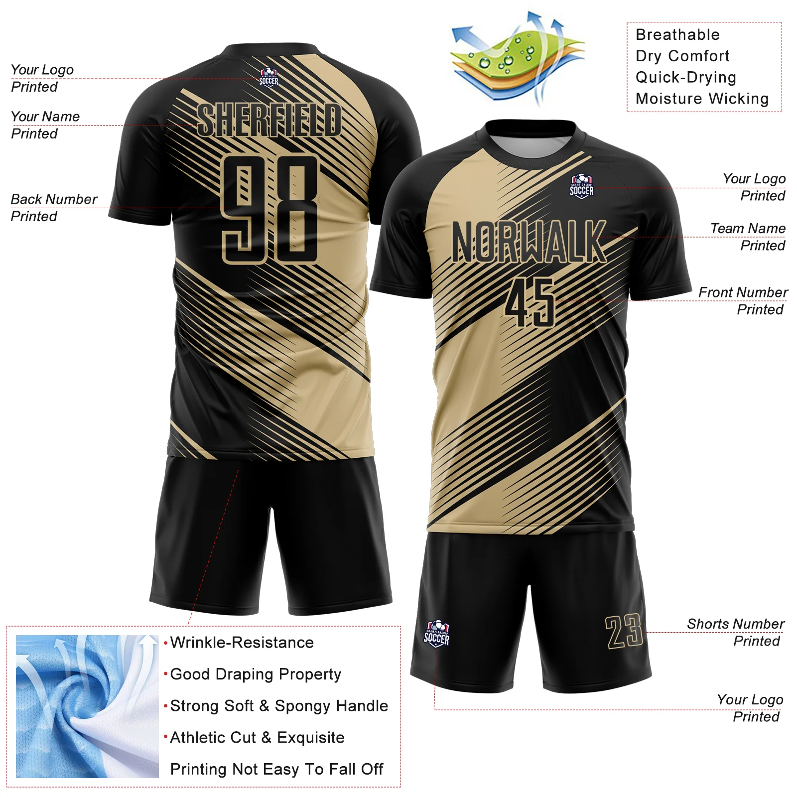 Custom Black Vegas Gold Line Sublimation Soccer Uniform Jersey - Image 4