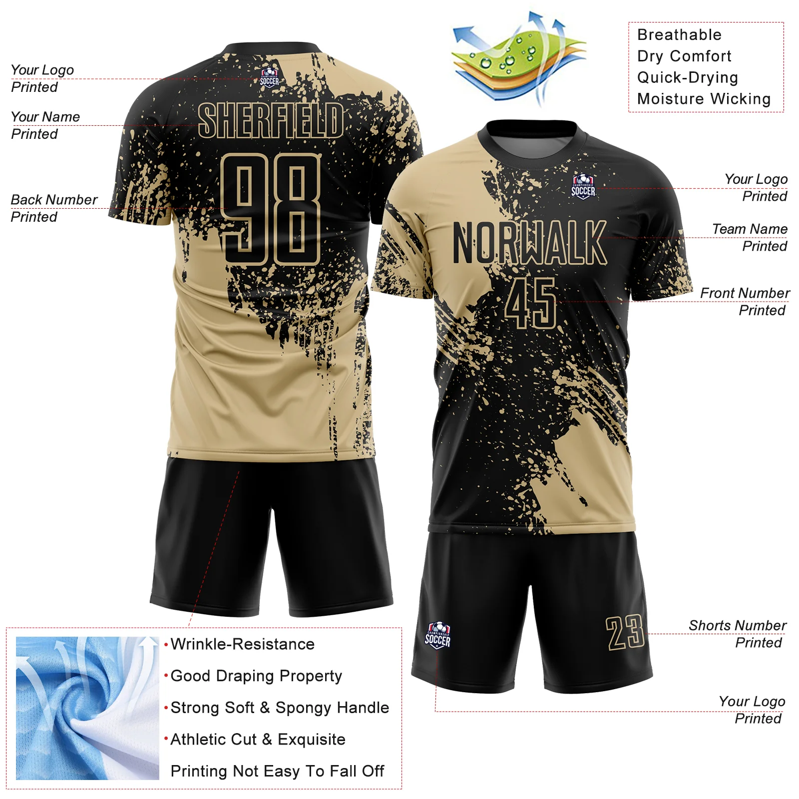 Custom Black Vegas Gold Abstract Brush Stroke Sports Sublimation Soccer Uniform Jersey - Image 4