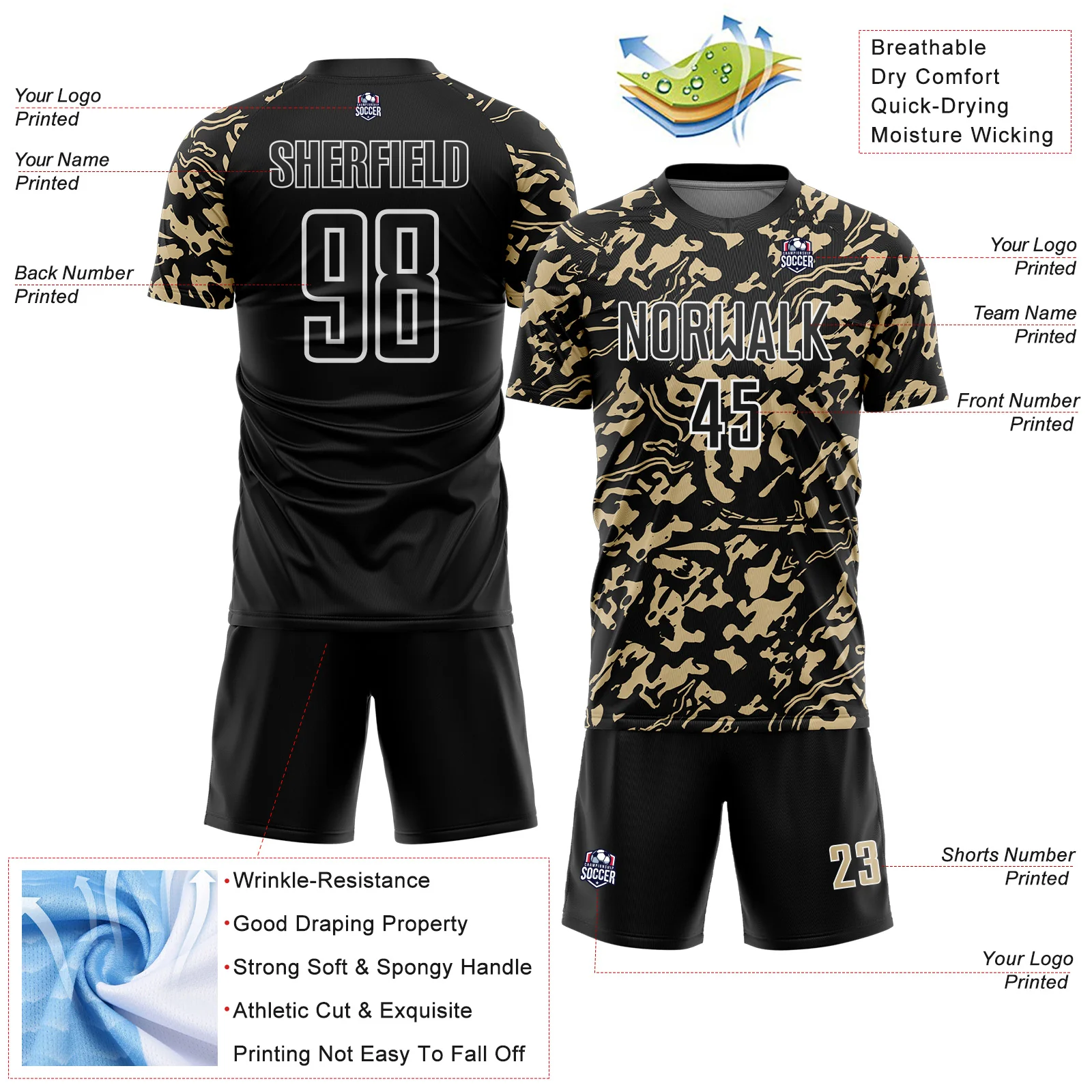 Custom Black Vegas Gold-White Liquid Fluid Pattern Sports Sublimation Soccer Uniform Jersey - Image 4