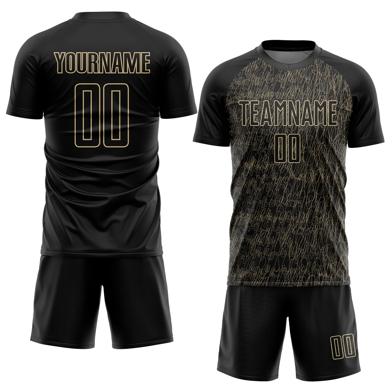Custom Black Vegas Gold Abstract Scribble Curve Line Pattern Sports Sublimation Soccer Uniform Jersey - Image 2