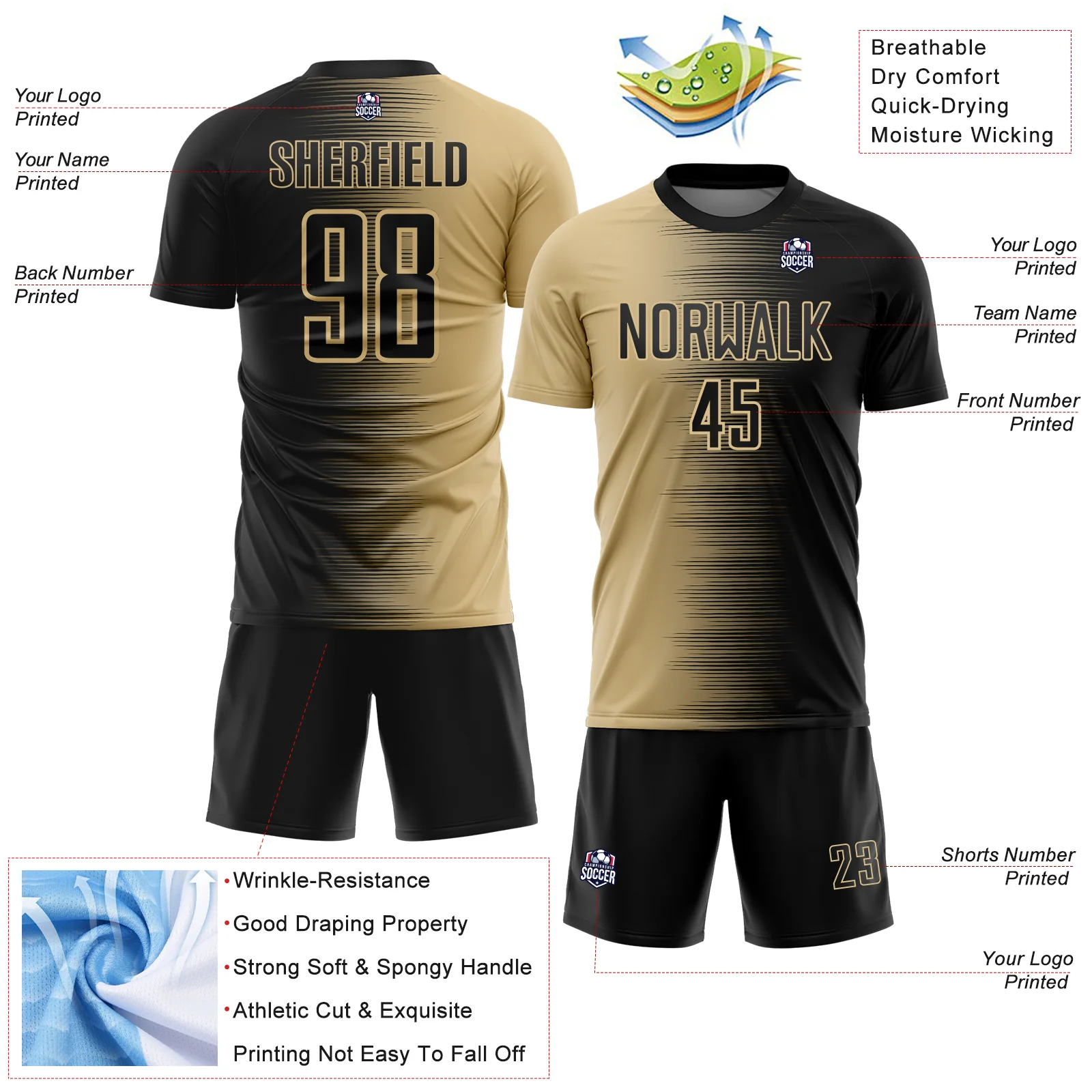 Custom Black Vegas Gold Gradient Line Sublimation Soccer Uniform Jersey - Image 4