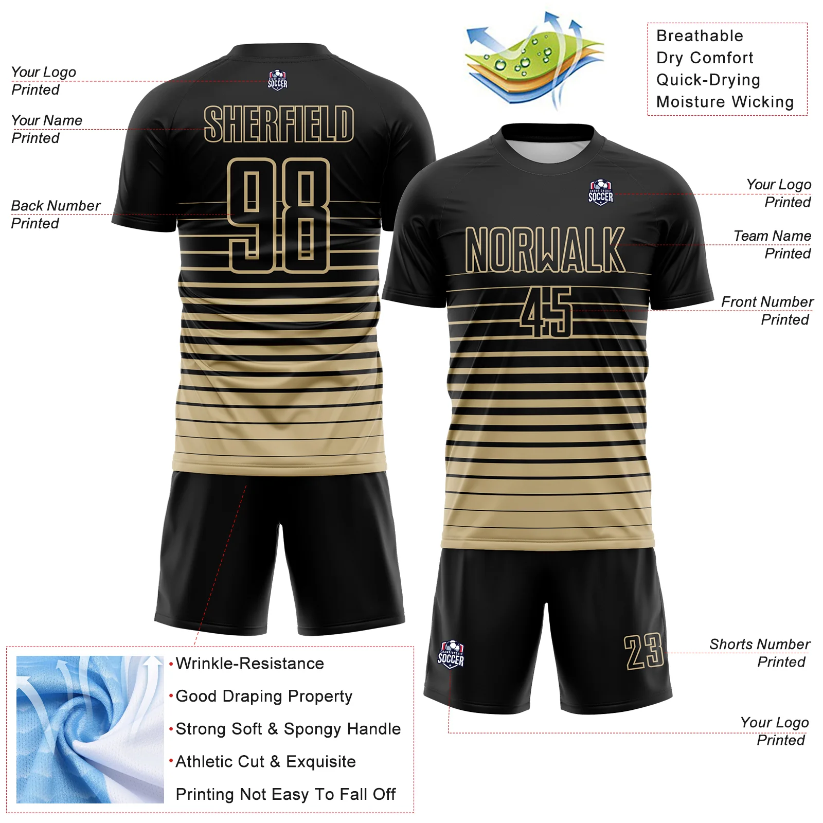 Custom Black Vegas Gold Gradient Pinstripe Sublimation Soccer Uniform Jersey - Image 4
