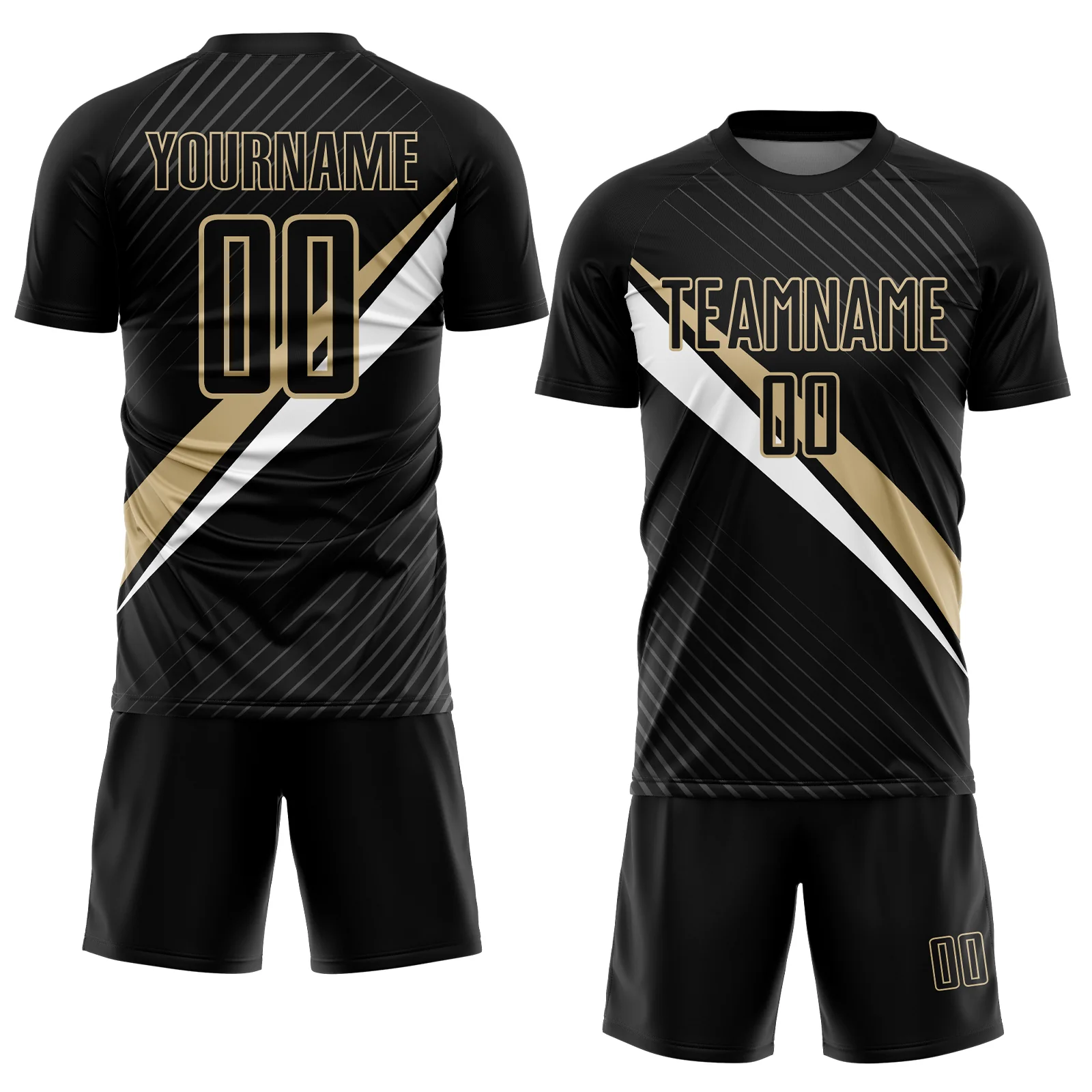 Custom Black Vegas Gold-White Diagonal Stripes Sports Sublimation Soccer Uniform Jersey - Image 2