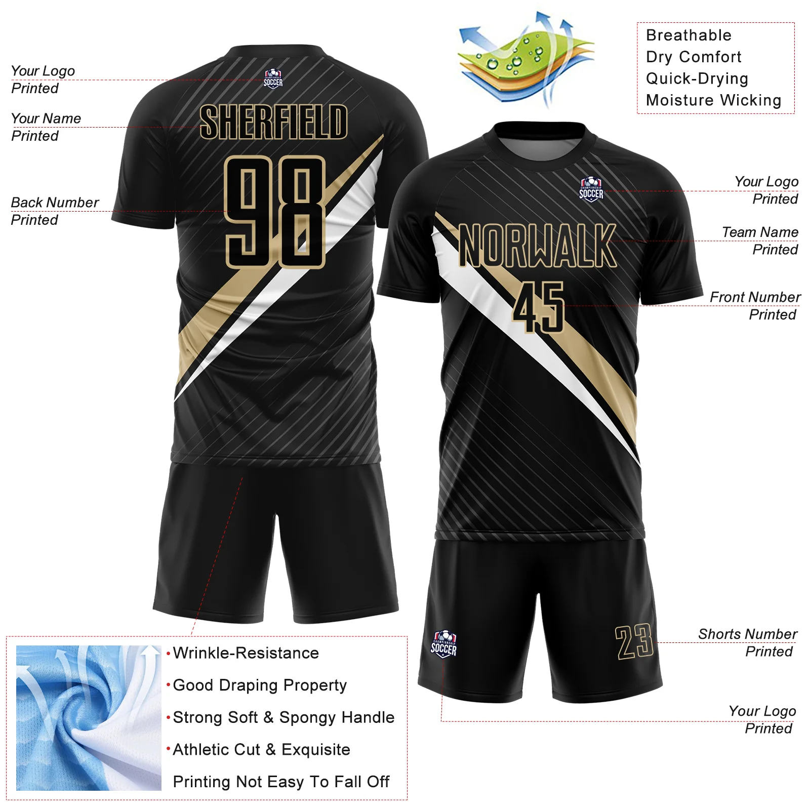 Custom Black Vegas Gold-White Diagonal Stripes Sports Sublimation Soccer Uniform Jersey - Image 4