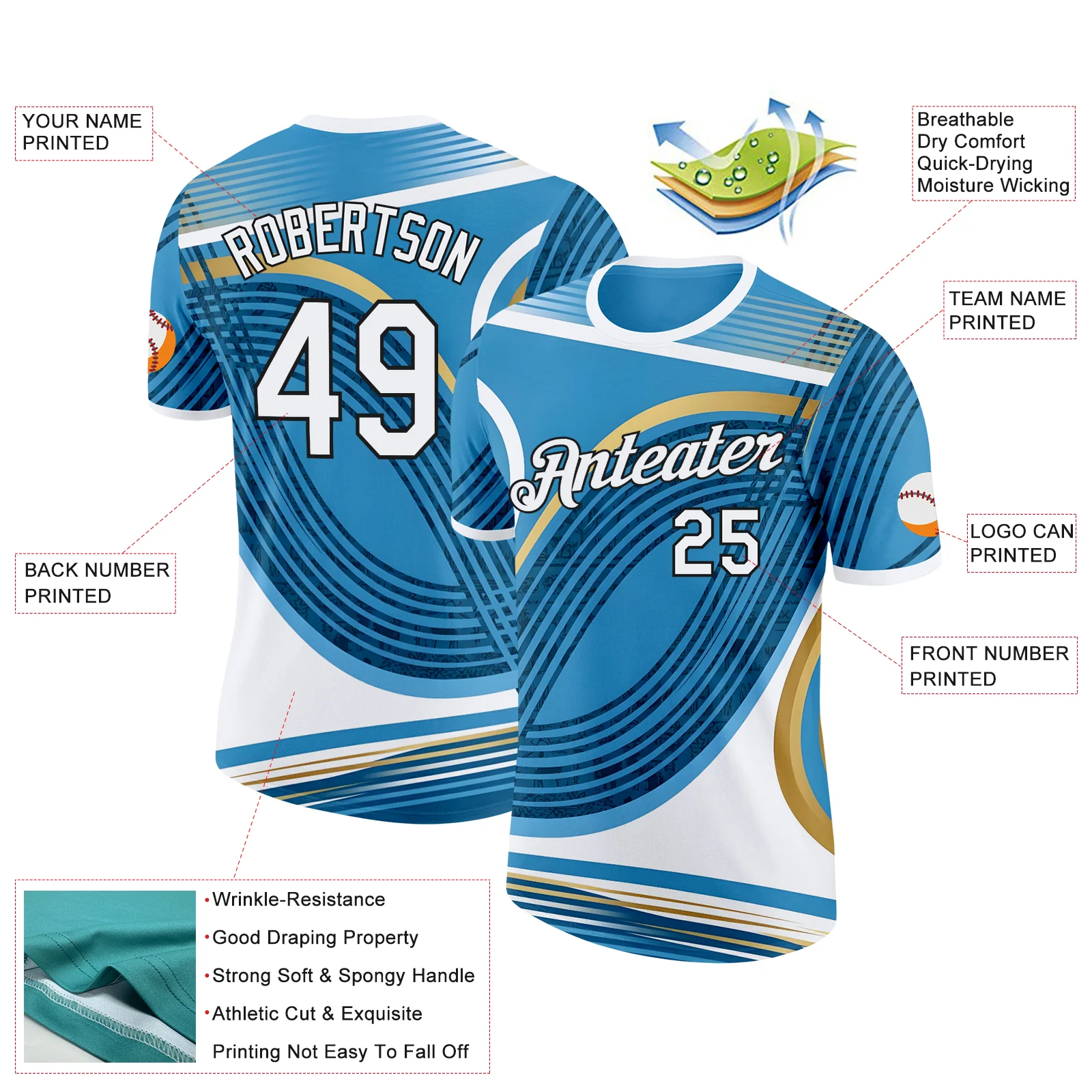 Custom Blue White Vegas Gold-Black Argentina Line Soccer Jersey Performance T-Shirt - Image 2