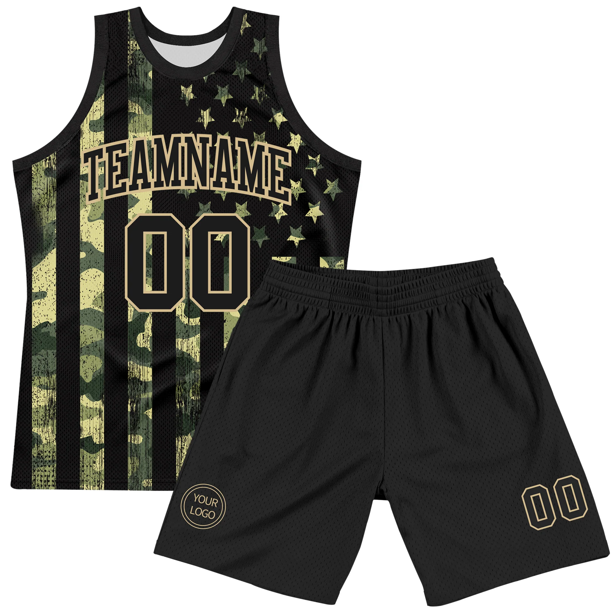 Custom Camo Black-Vegas Gold American Flag Round Neck Sublimation Salute To Service Basketball Suit Jersey - Image 2