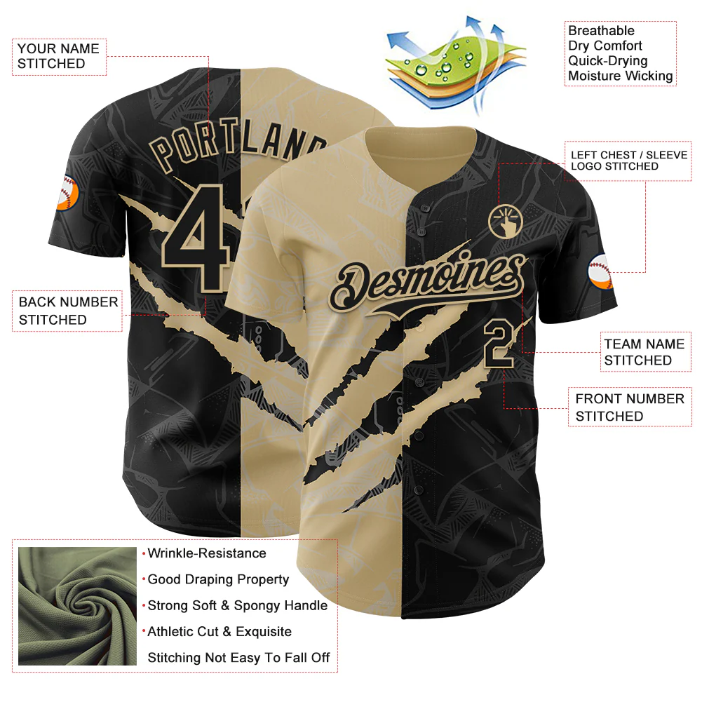 Custom Graffiti Pattern Black-Vegas Gold 3D Scratch Authentic Baseball Jersey - Image 3