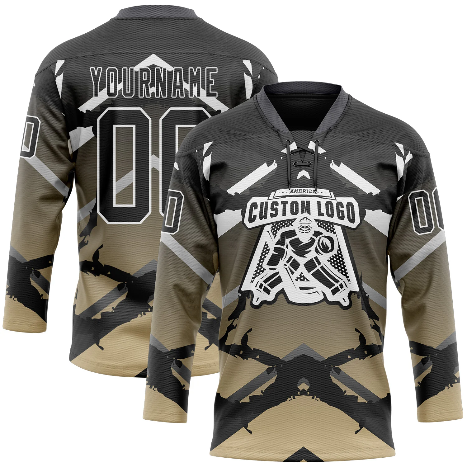 Custom Gray Black Vegas Gold-White 3D Pattern Abstract Gradient Hockey Lace Neck Jersey - Image 2