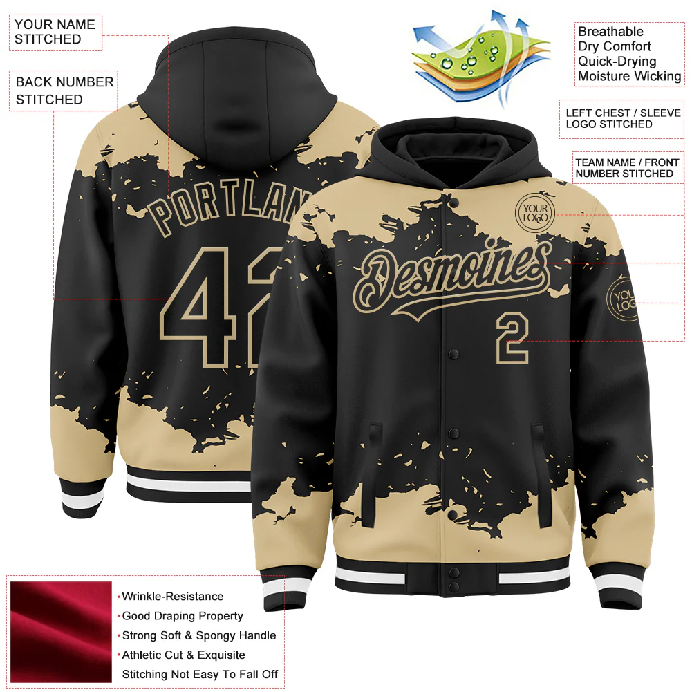 Custom Black Vegas Gold-White Splash Art 3D Pattern Design Bomber Full-Snap Varsity Letterman Hoodie Jacket - Image 4