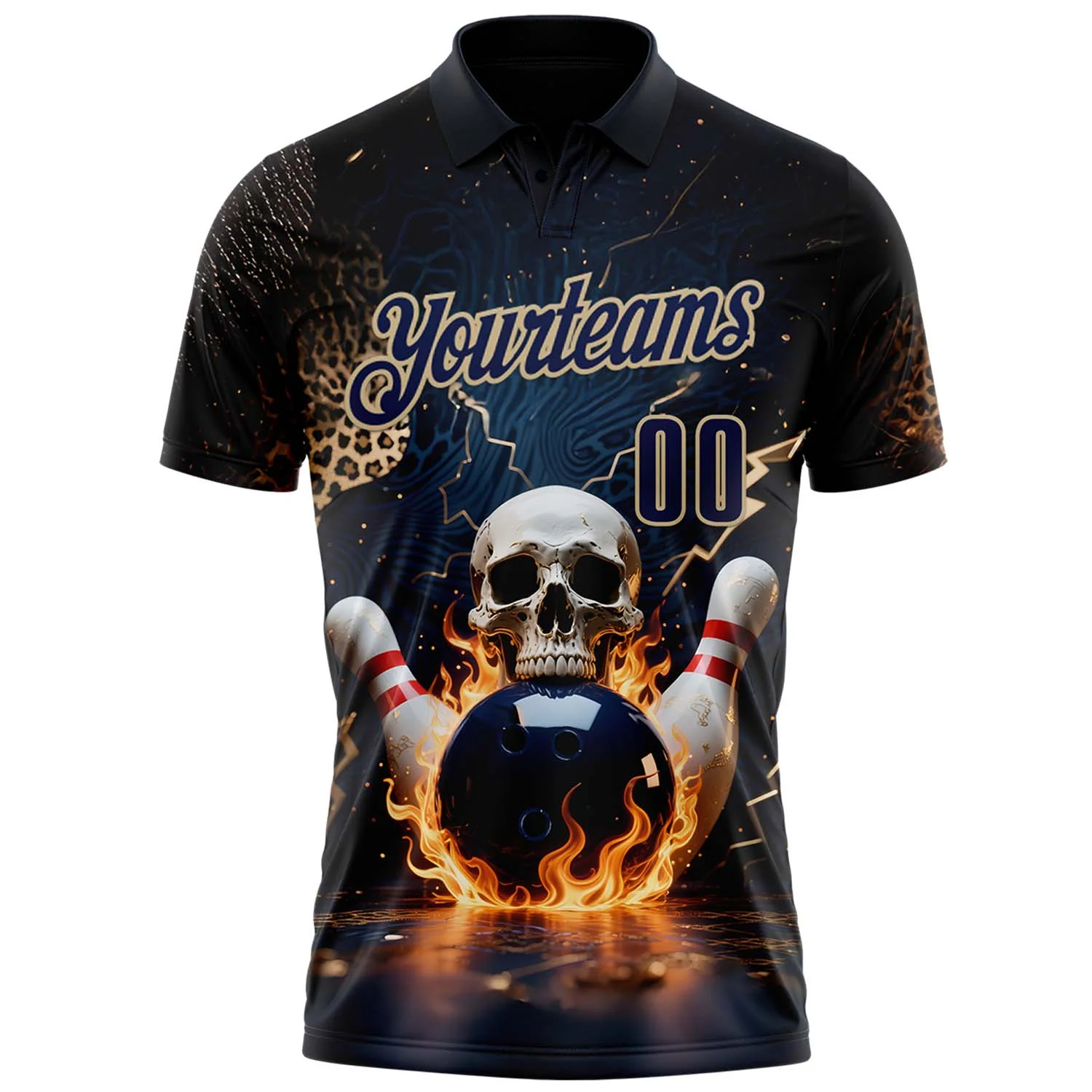Custom Navy Vegas Gold 3D Flame Leopard Print Skull Bowling Performance Polo Shirt - Image 2