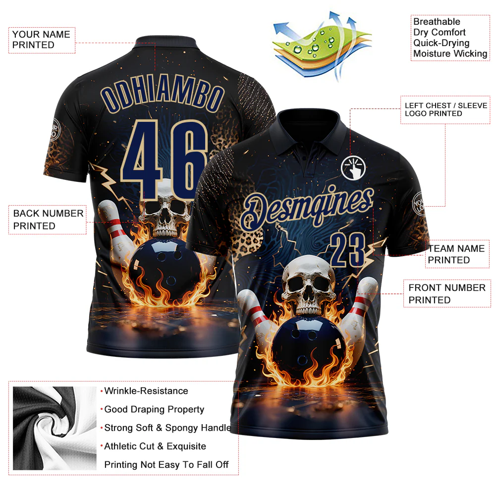 Custom Navy Vegas Gold 3D Flame Leopard Print Skull Bowling Performance Polo Shirt - Image 3