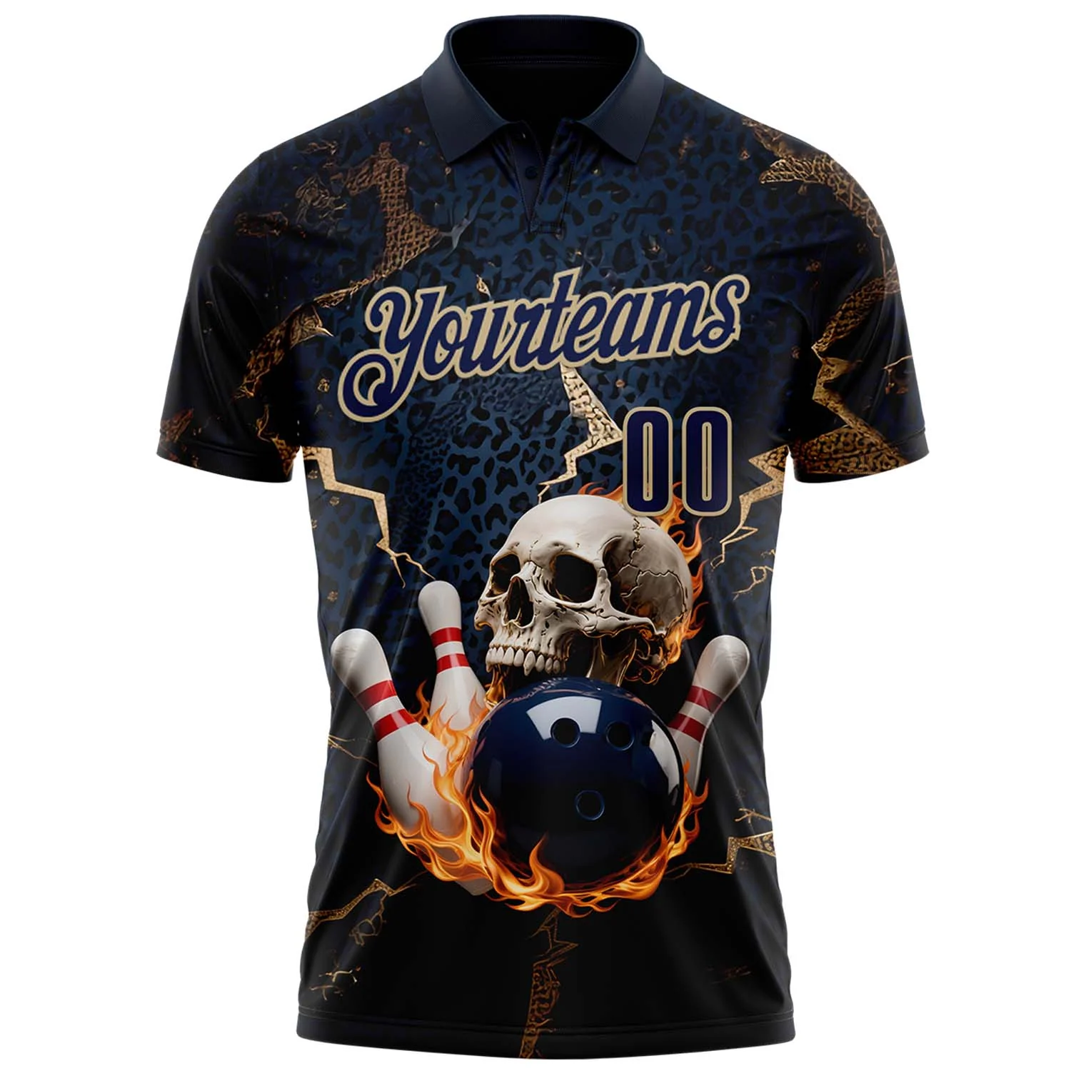 Custom Navy Vegas Gold 3D Flame Leopard Print Skull Bowling Performance Polo Shirt - Image 2