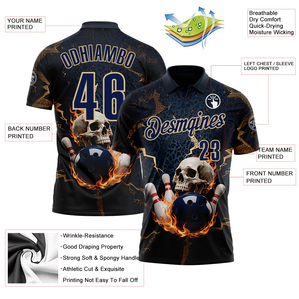 Custom Navy Vegas Gold 3D Flame Leopard Print Skull Bowling Performance Polo Shirt - Image 3