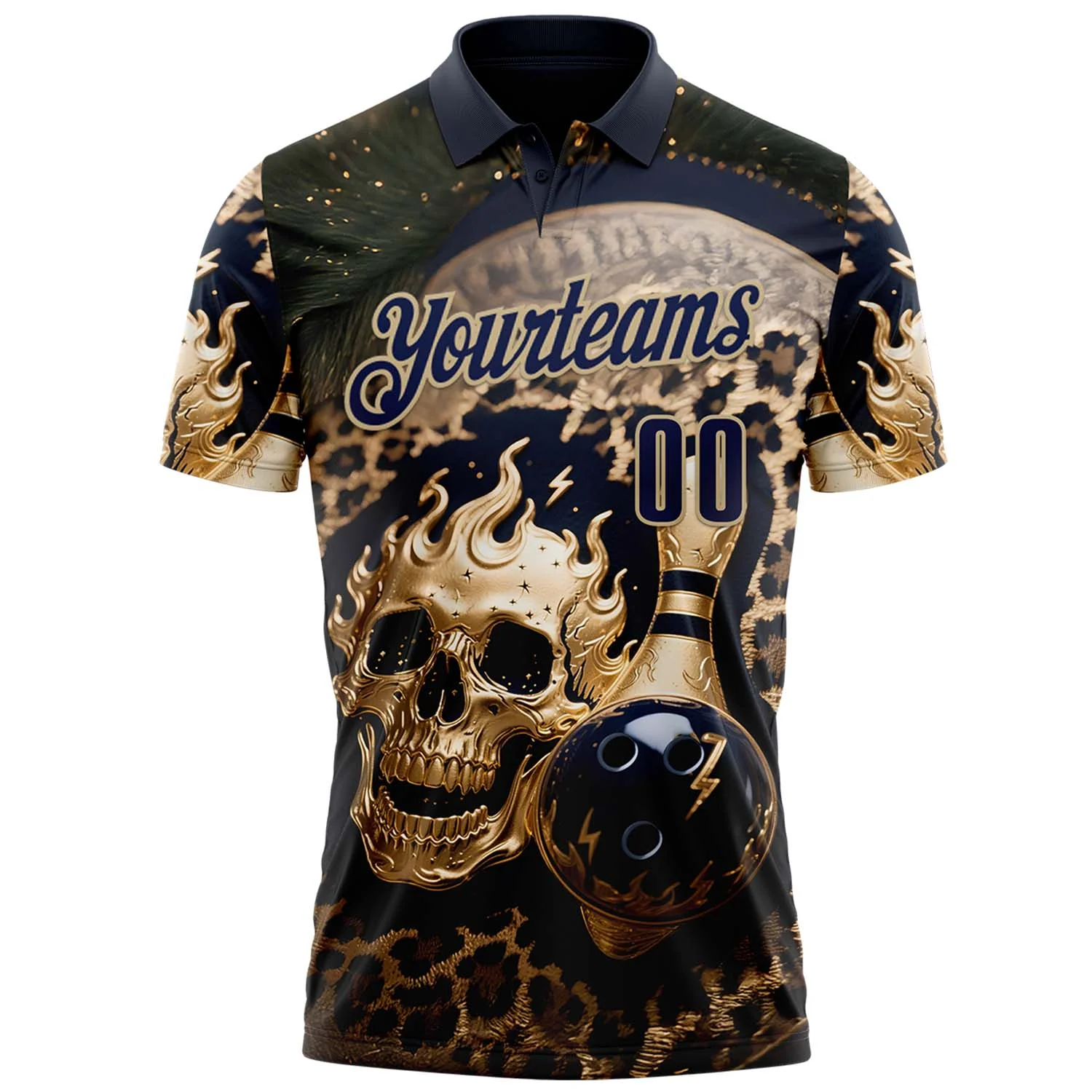 Custom Navy Vegas Gold 3D Leopard Print Metal Skull Bowling Performance Polo Shirt - Image 2
