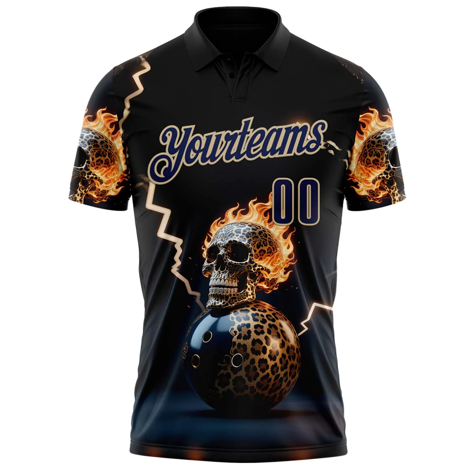 Custom Navy Vegas Gold 3D Flame Leopard Print Skull Bowling Performance Polo Shirt - Image 2