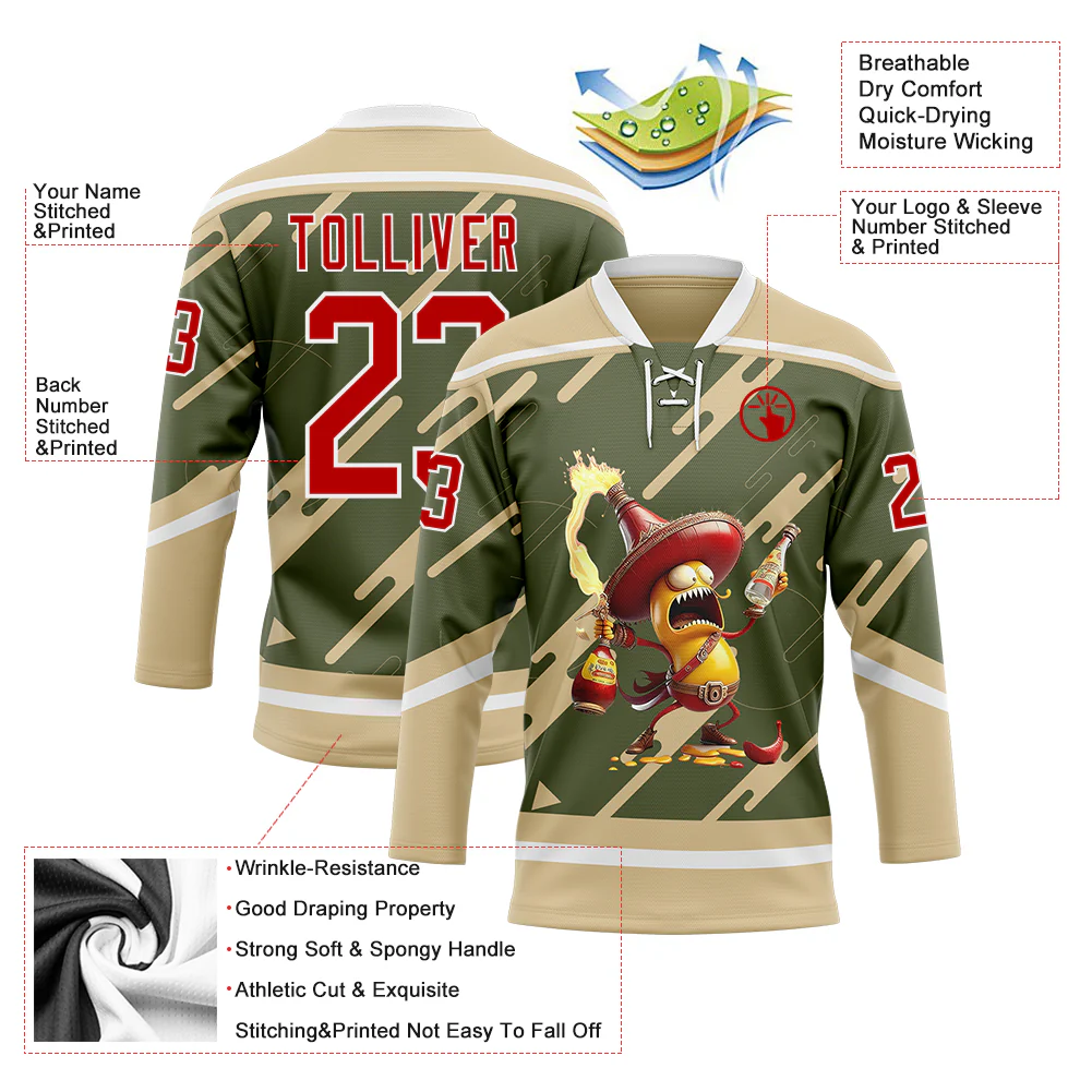 Custom Olive Red Vegas Gold-White Foodie Funny Hot Sauce Chili Hockey Lace Neck Jersey - Image 4