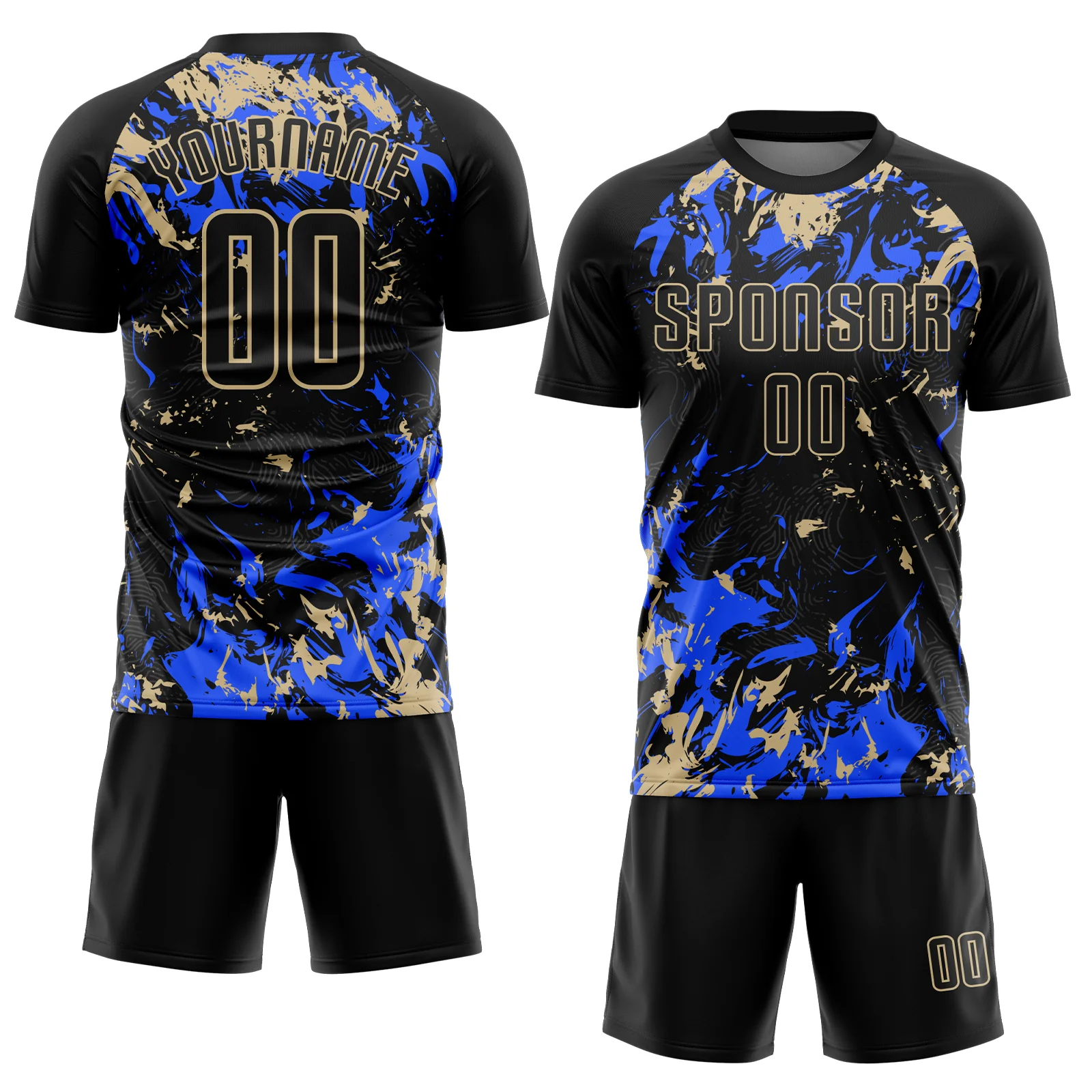 Custom Black Vegas Gold-Royal Fluid Art Splash Sublimation Soccer Uniform Jersey - Image 2