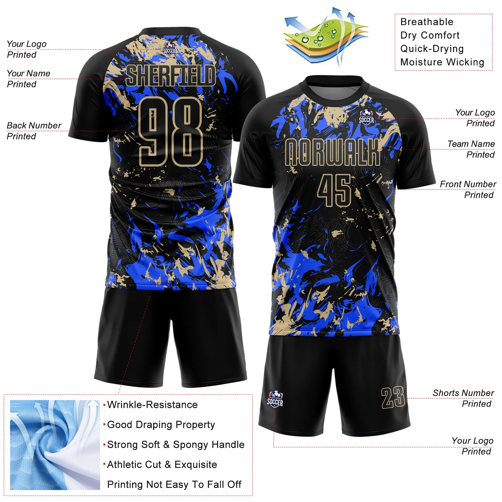 Custom Black Vegas Gold-Royal Fluid Art Splash Sublimation Soccer Uniform Jersey - Image 4