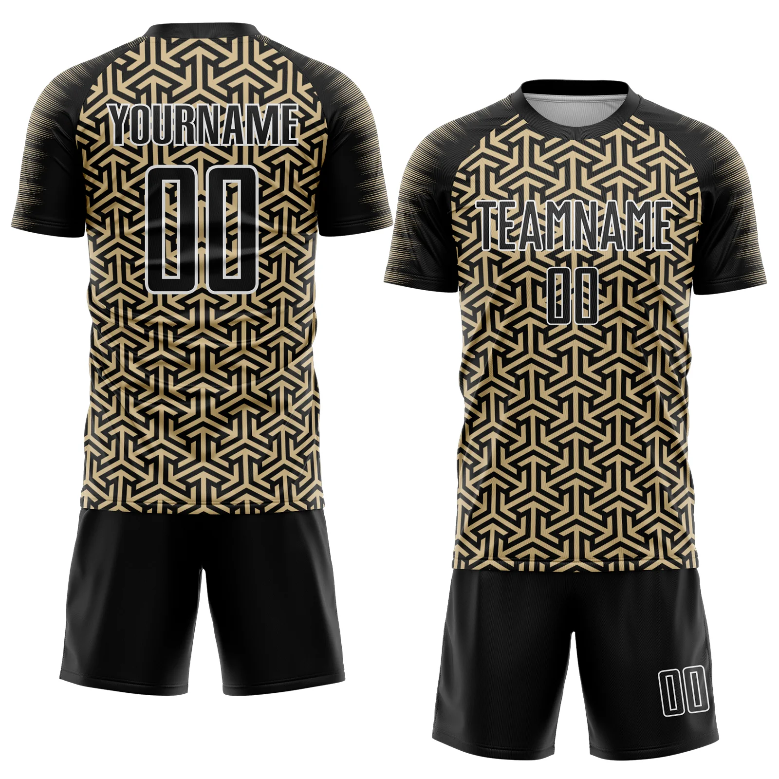 Custom Black Vegas Gold-White Geometric Arrow Sublimation Soccer Uniform Jersey - Image 2