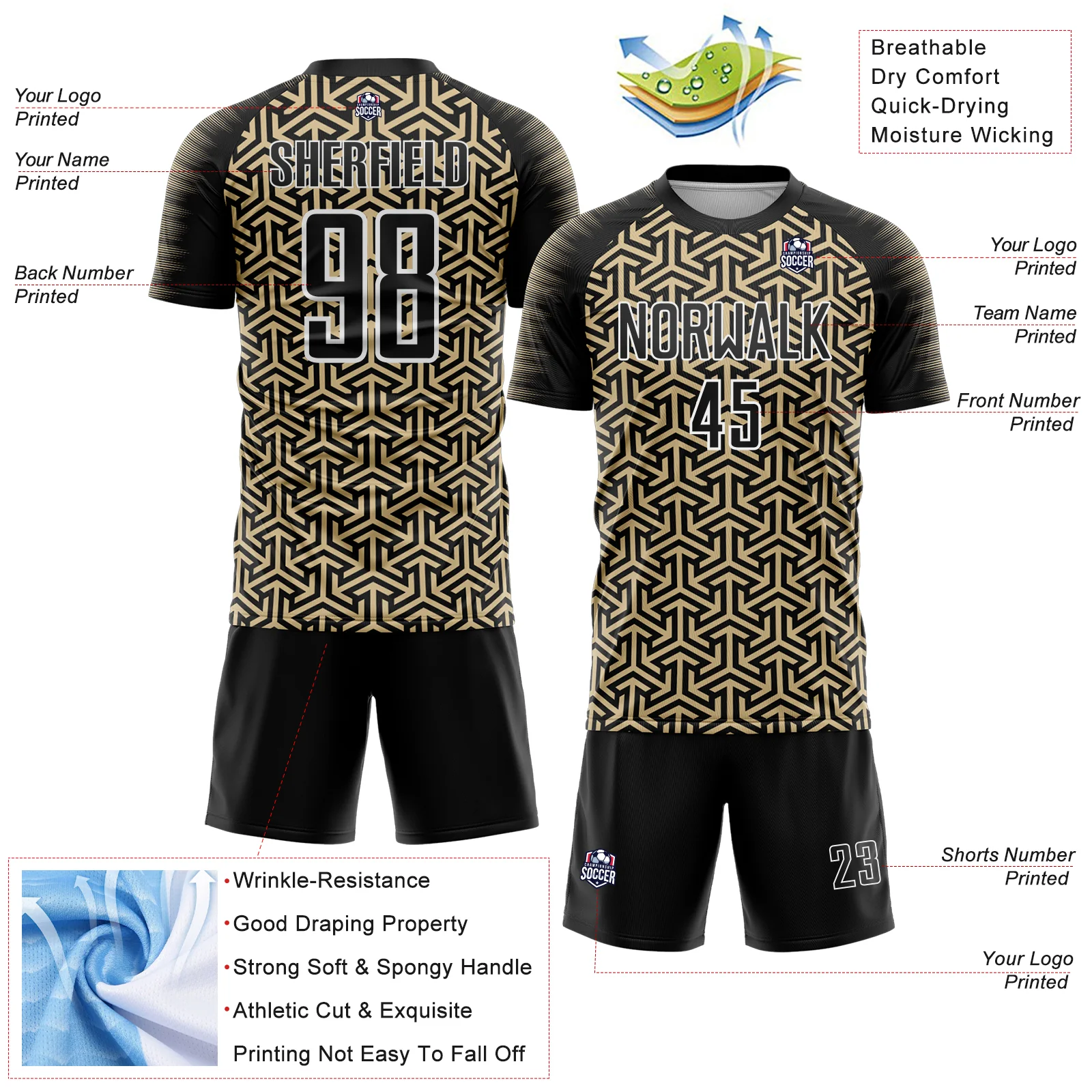 Custom Black Vegas Gold-White Geometric Arrow Sublimation Soccer Uniform Jersey - Image 4
