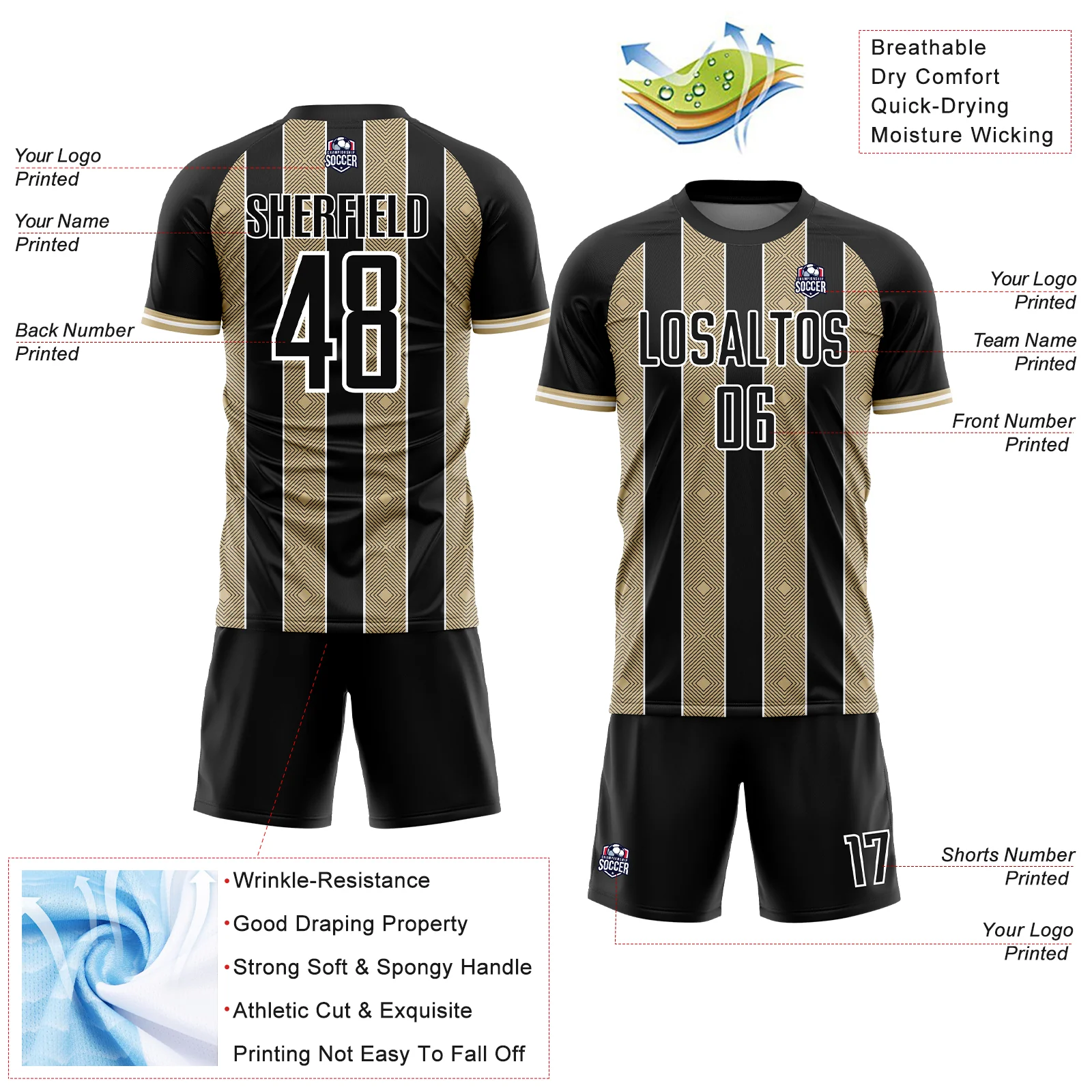 Custom Black Vegas Gold-White Pinstripe Line Sports Sublimation Soccer Uniform Jersey - Image 4