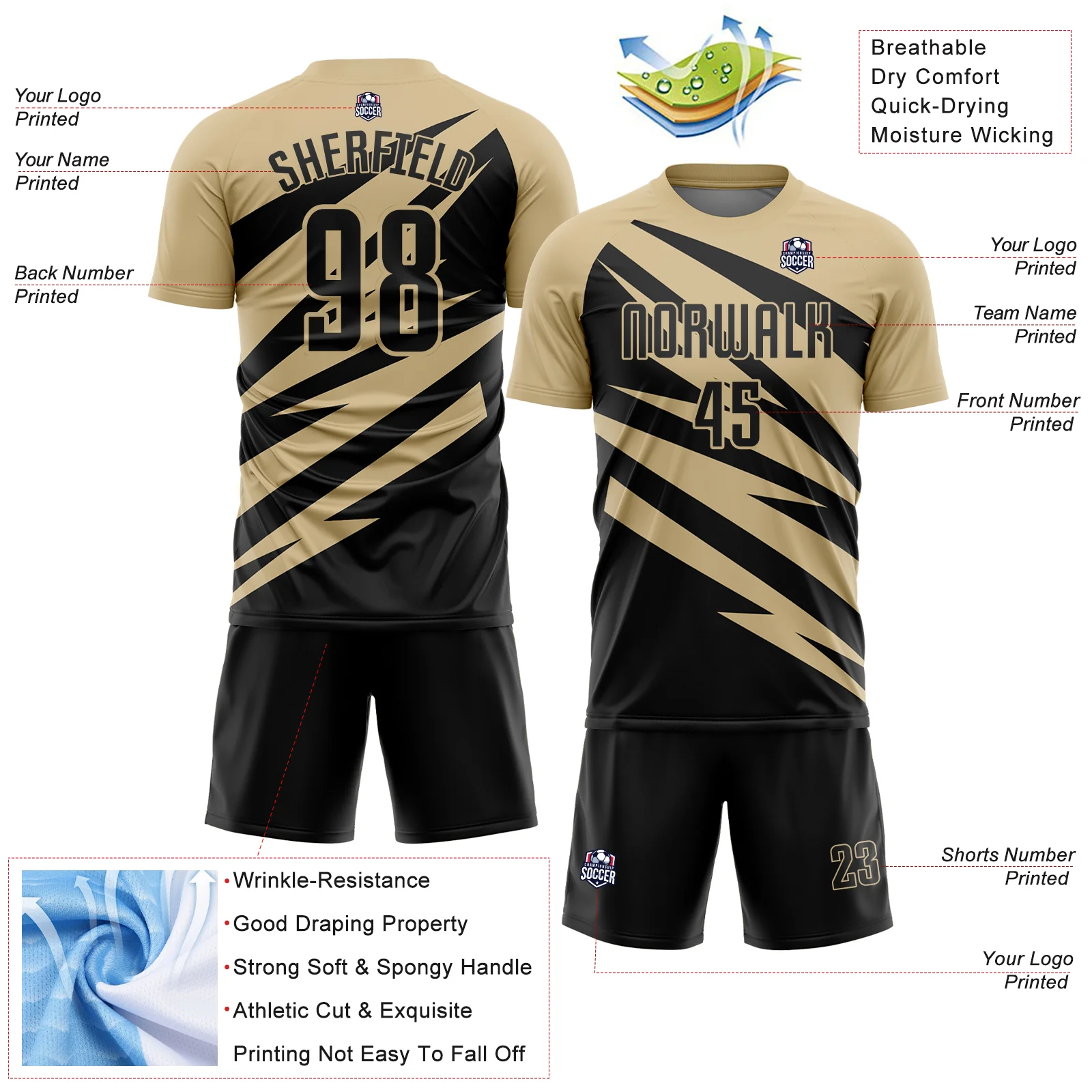 Custom Vegas Gold Black Abstract Line Sports Sublimation Soccer Uniform Jersey - Image 4