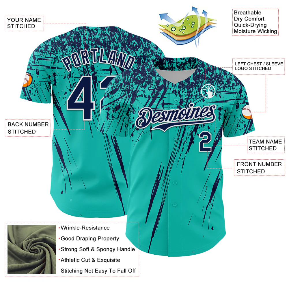 Custom Aqua Navy-White Distressed Scratch Brush Stroke Authentic Baseball Jersey - Image 3