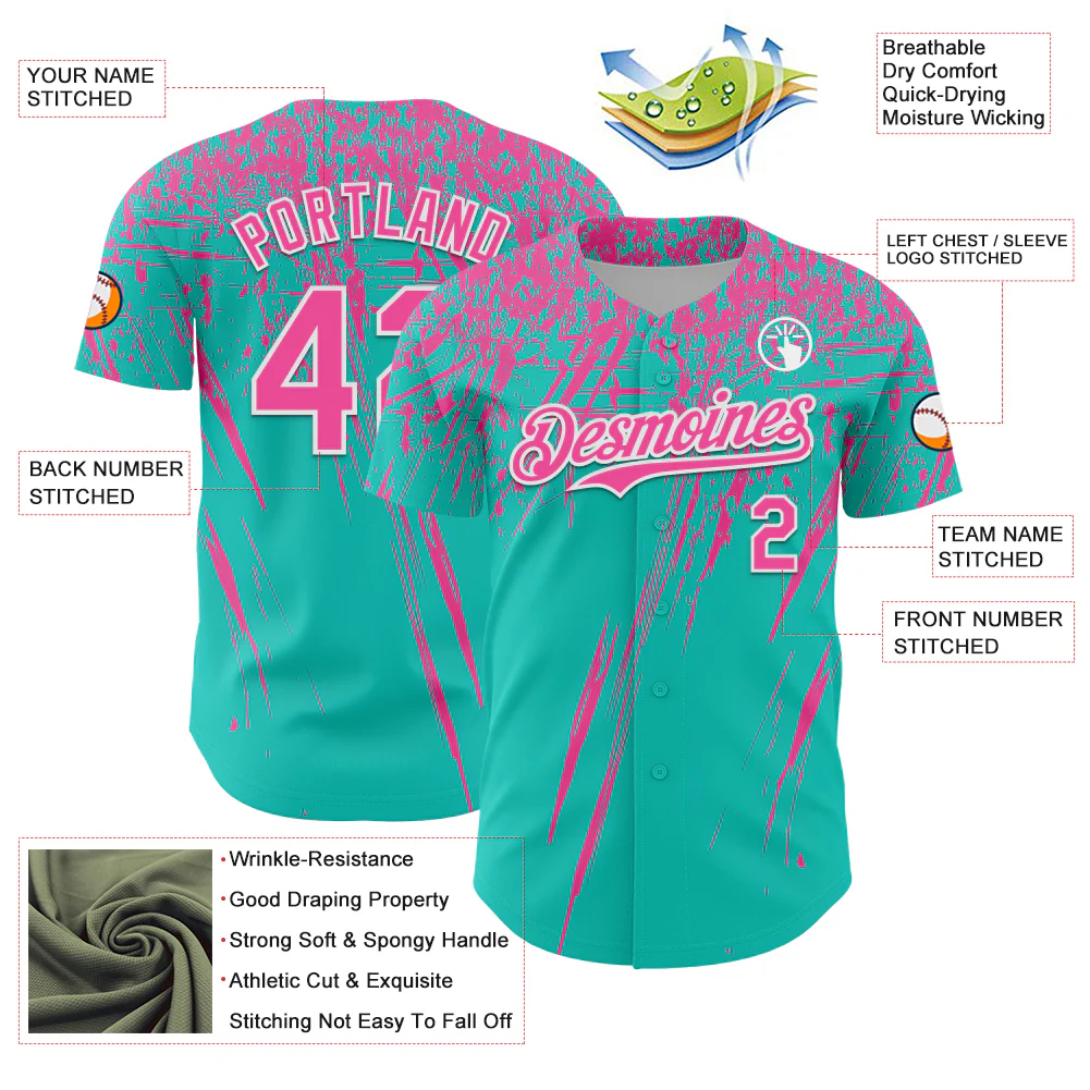 Custom Aqua Pink-White Distressed Scratch Brush Stroke Authentic Baseball Jersey - Image 3