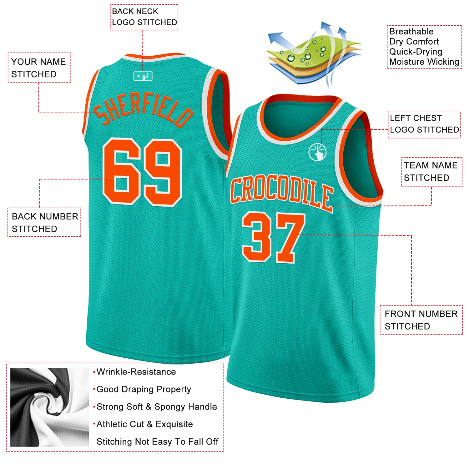 Custom Aqua Orange-White Authentic Basketball Jersey - Image 2