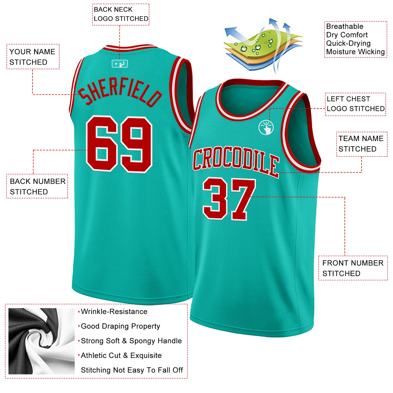 Custom Aqua Red-White Authentic Basketball Jersey - Image 2