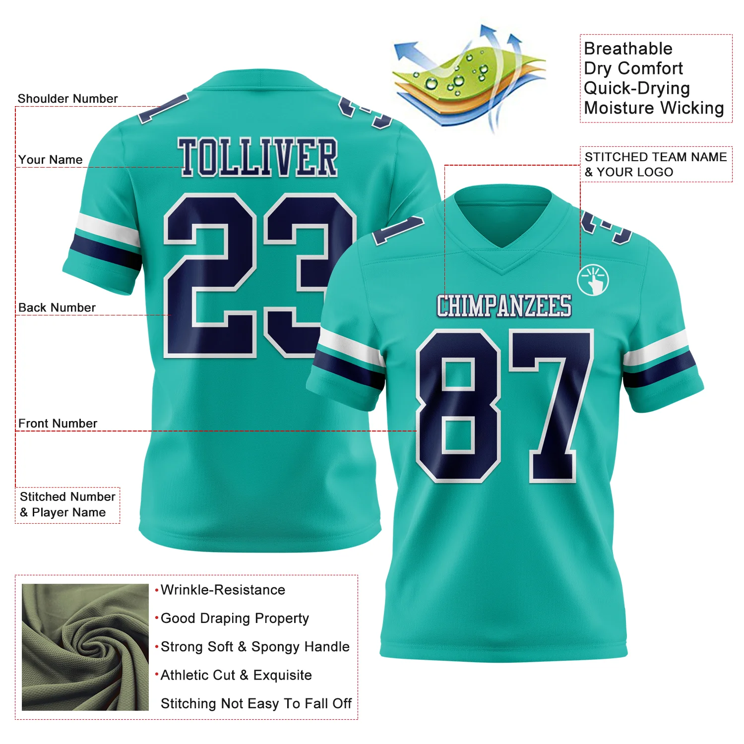 Custom Aqua Navy-White Authentic Football Jersey - Image 3