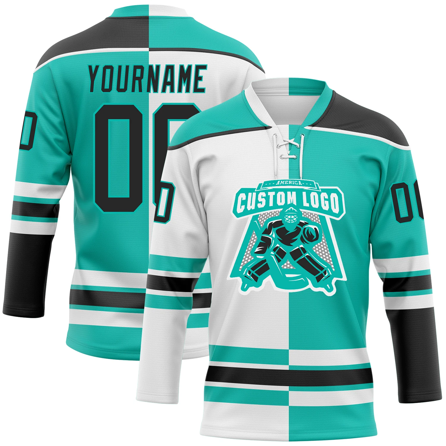 Custom Aqua Black-White Split Fashion Hockey Lace Neck Jersey - Image 2