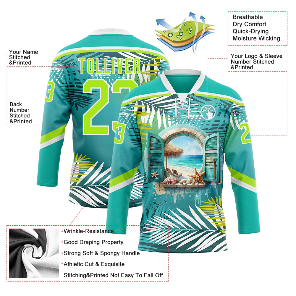 Custom Aqua Neon Green-White Hawaii Tropical Palm Trees Hockey Lace Neck Jersey - Image 4